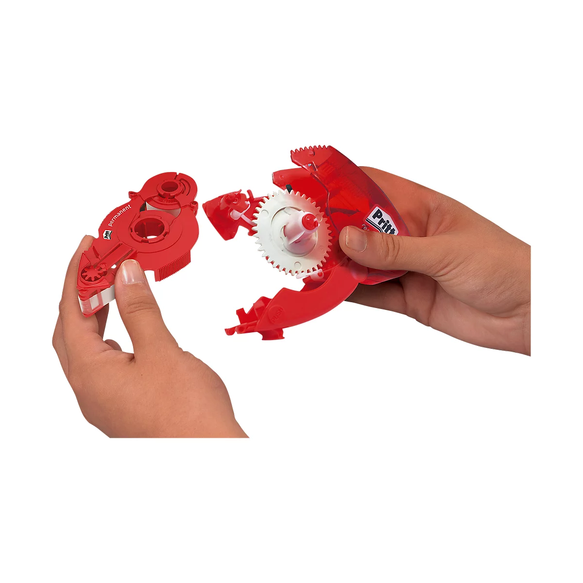 Hands holding a red adhesive tape device, disassembled into parts.