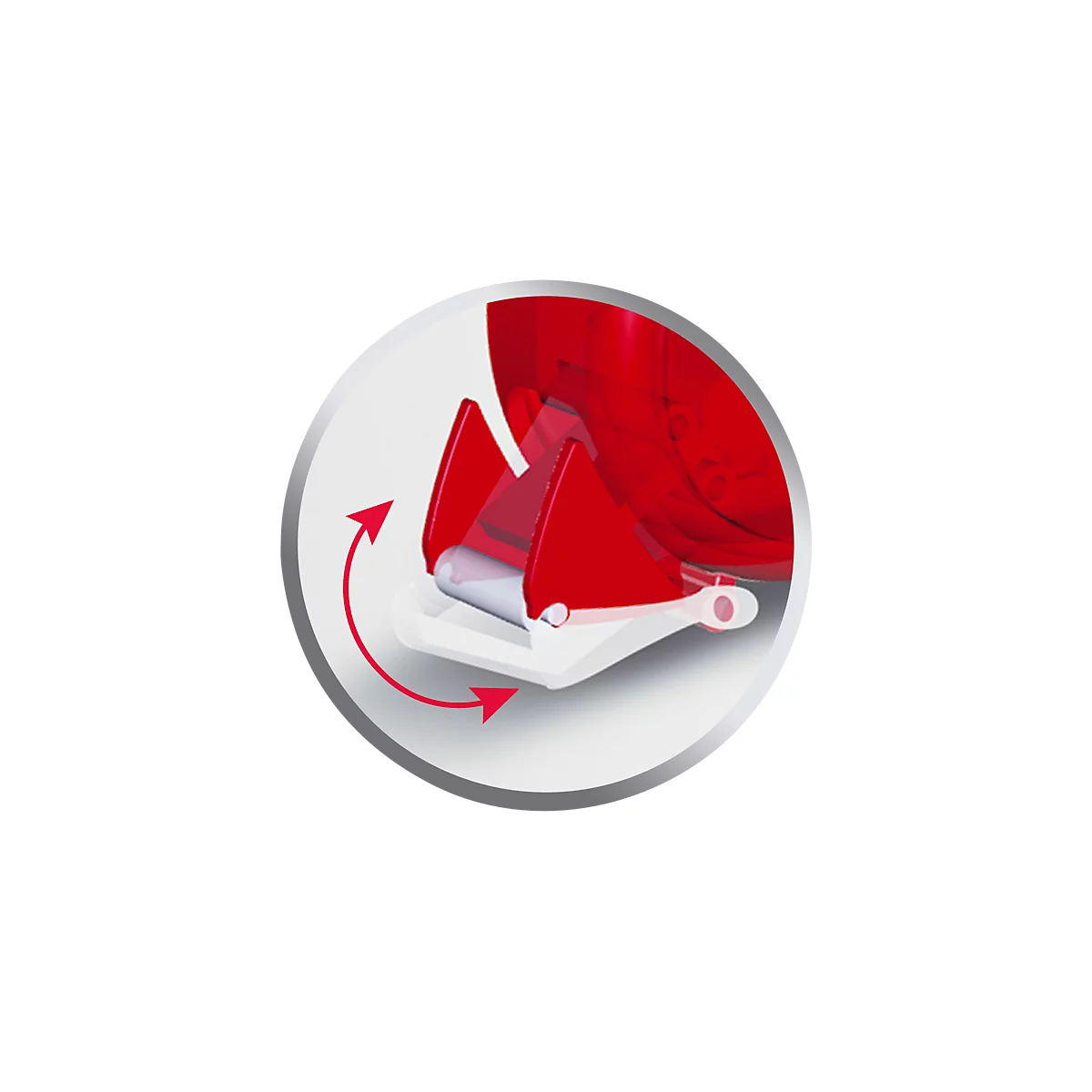 Close-up of red part with white rocker. Rotating arrows indicate the function.