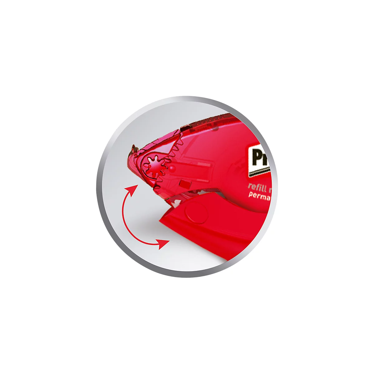 Close-up of a red tape dispenser, cog visible. Arrows indicate direction of movement.