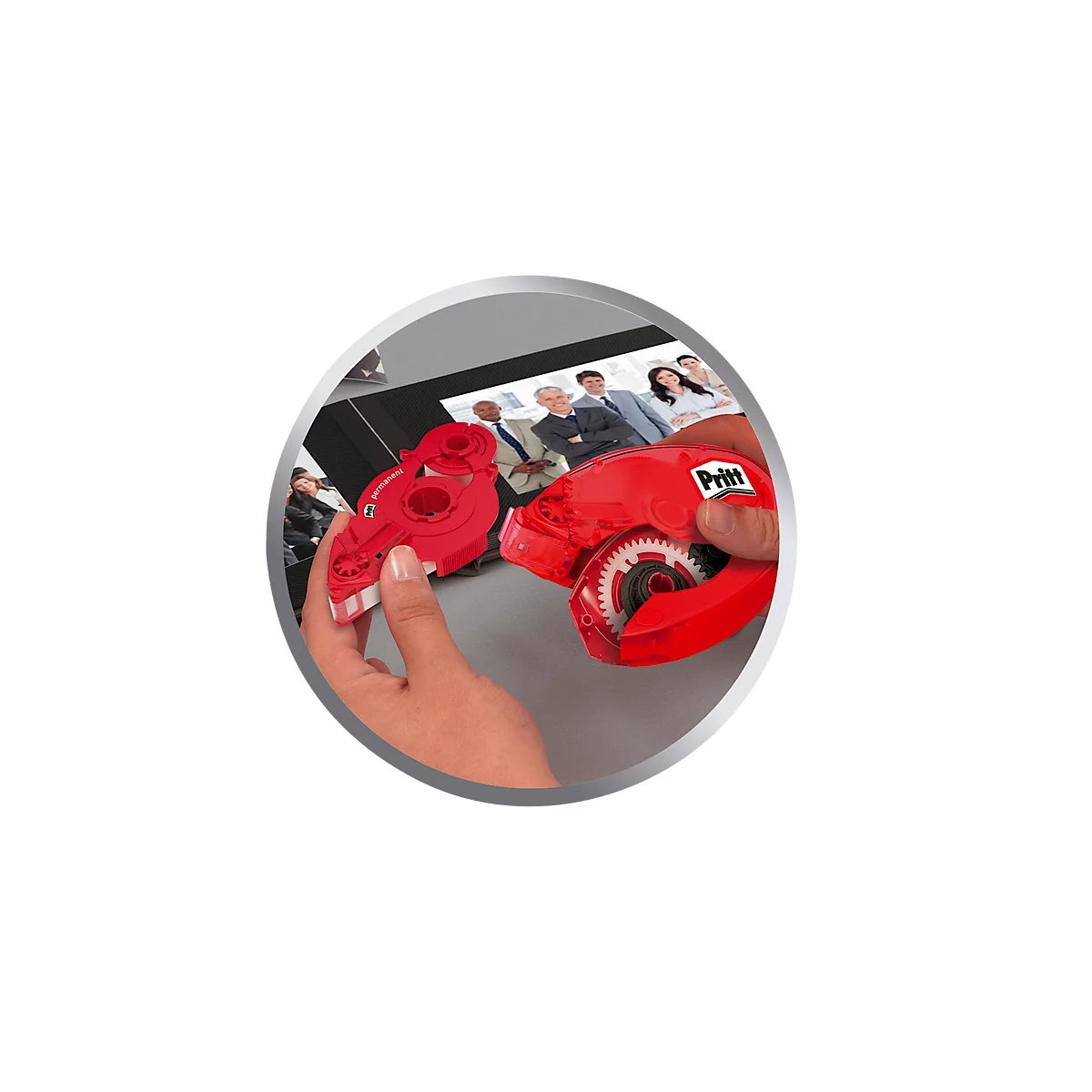 Person holding red Pritt glue roller. In the background is a photo of people in suits.
