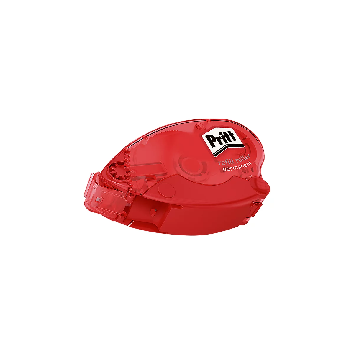 Roter Kleberoller mit Schriftzug Pritt. Aufschrift: refill roller permanent.