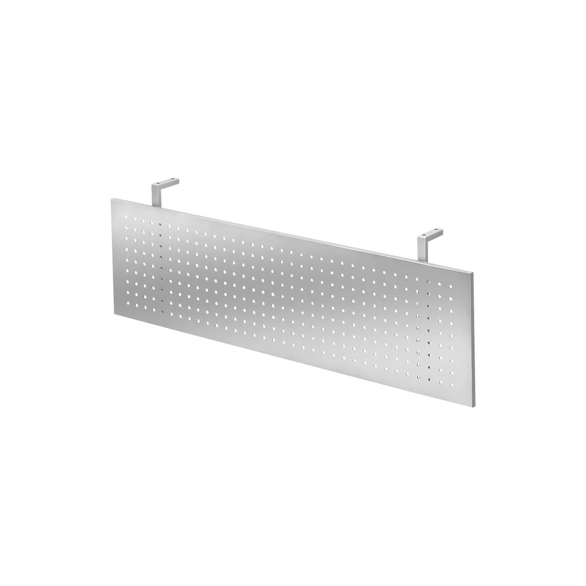 Rectangular, silver perforated plate with two brackets. Many small holes run through the plate.