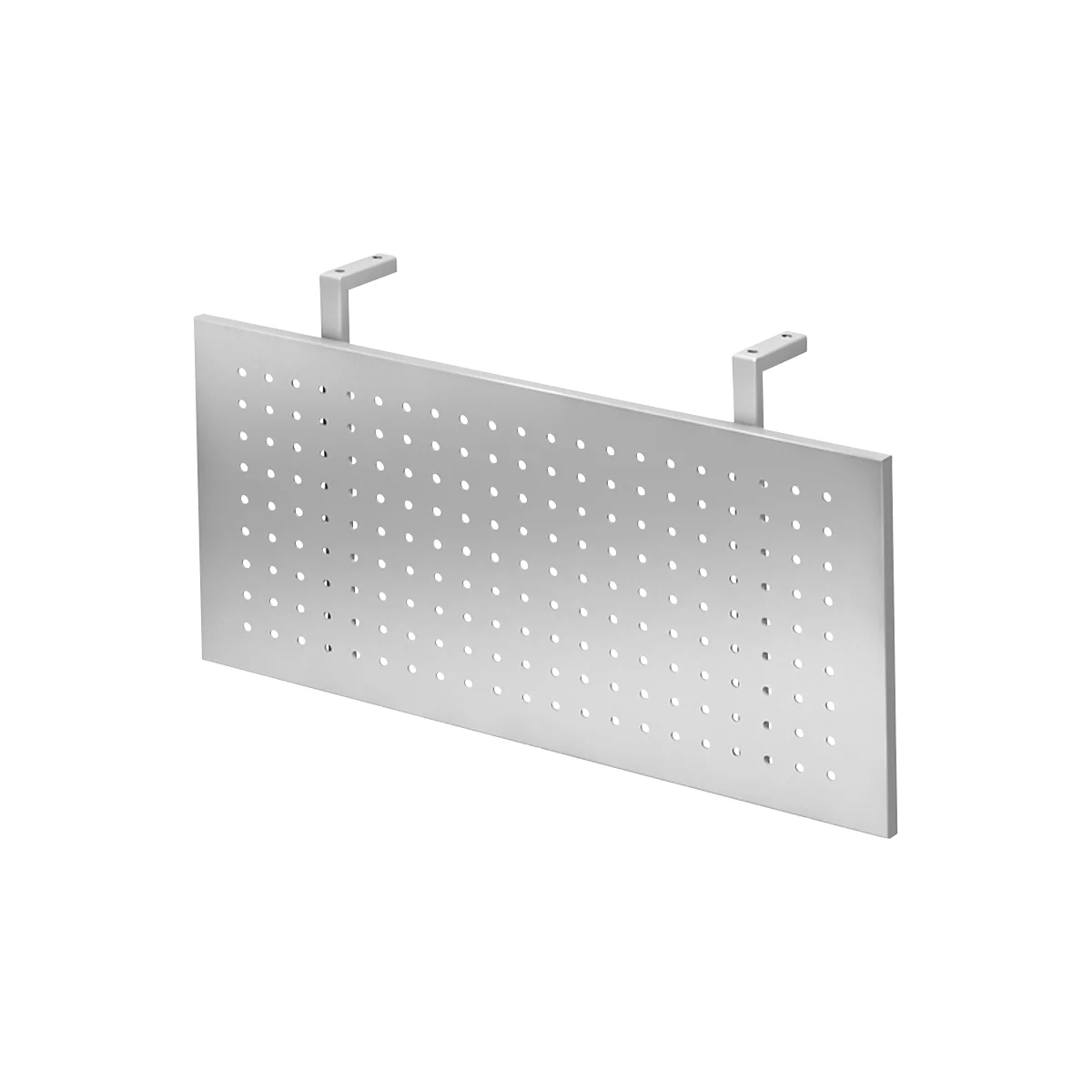 Rectangular silver metal part with many small holes and two brackets.