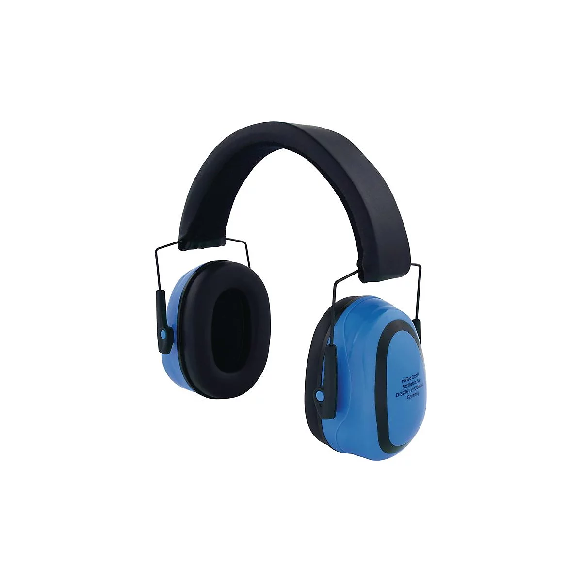 Cache-oreilles bleus avec bandeau et écouteurs noirs. Des détails sont imprimés sur l'écouteur.