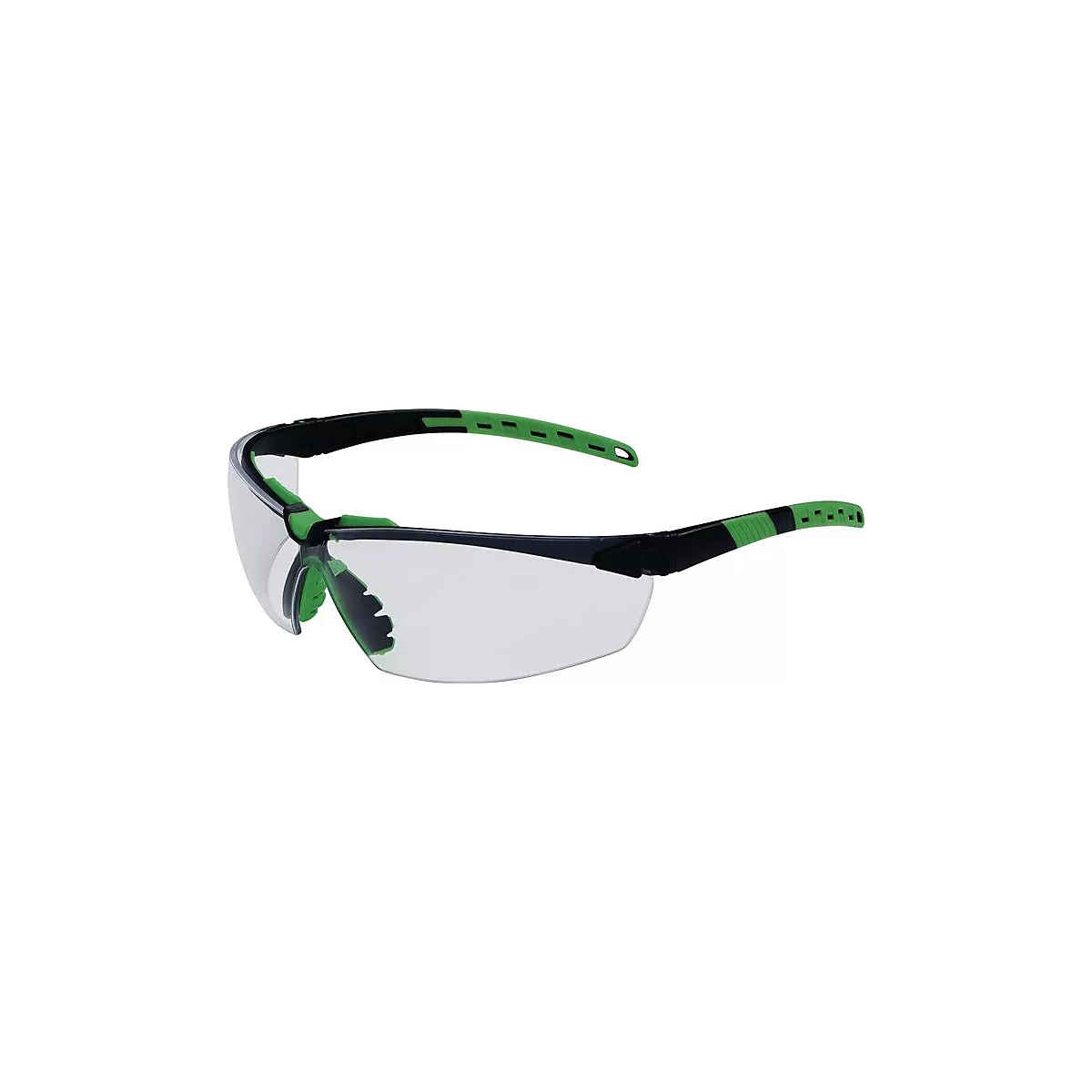 Lunettes de sécurité avec verres transparents, monture noire et accents verts. Le modèle de lunettes est représenté de côté.