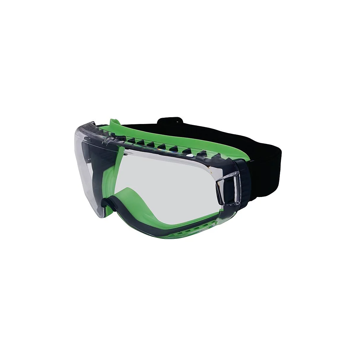 Lunettes de sécurité avec lentille transparente, monture verte et bandeau noir.