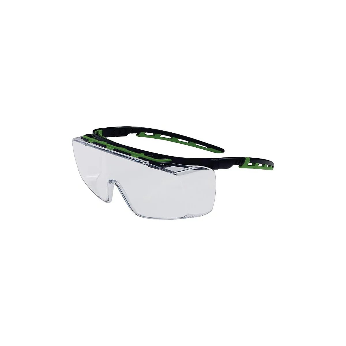 PRO FIT Schutzbrille Kubik, EN 166/170, OTG, schwarz/grün Bügel, klare Panoramascheibe, beschlagfrei
