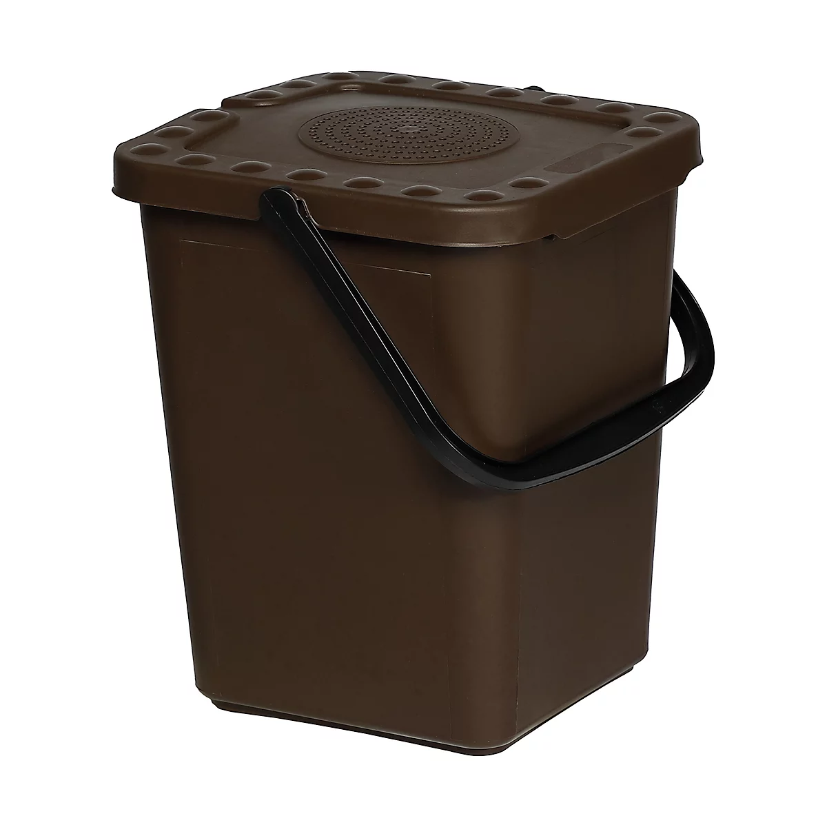 Bruine compostbak met deksel en zwarte handgreep. Vierkante vorm.