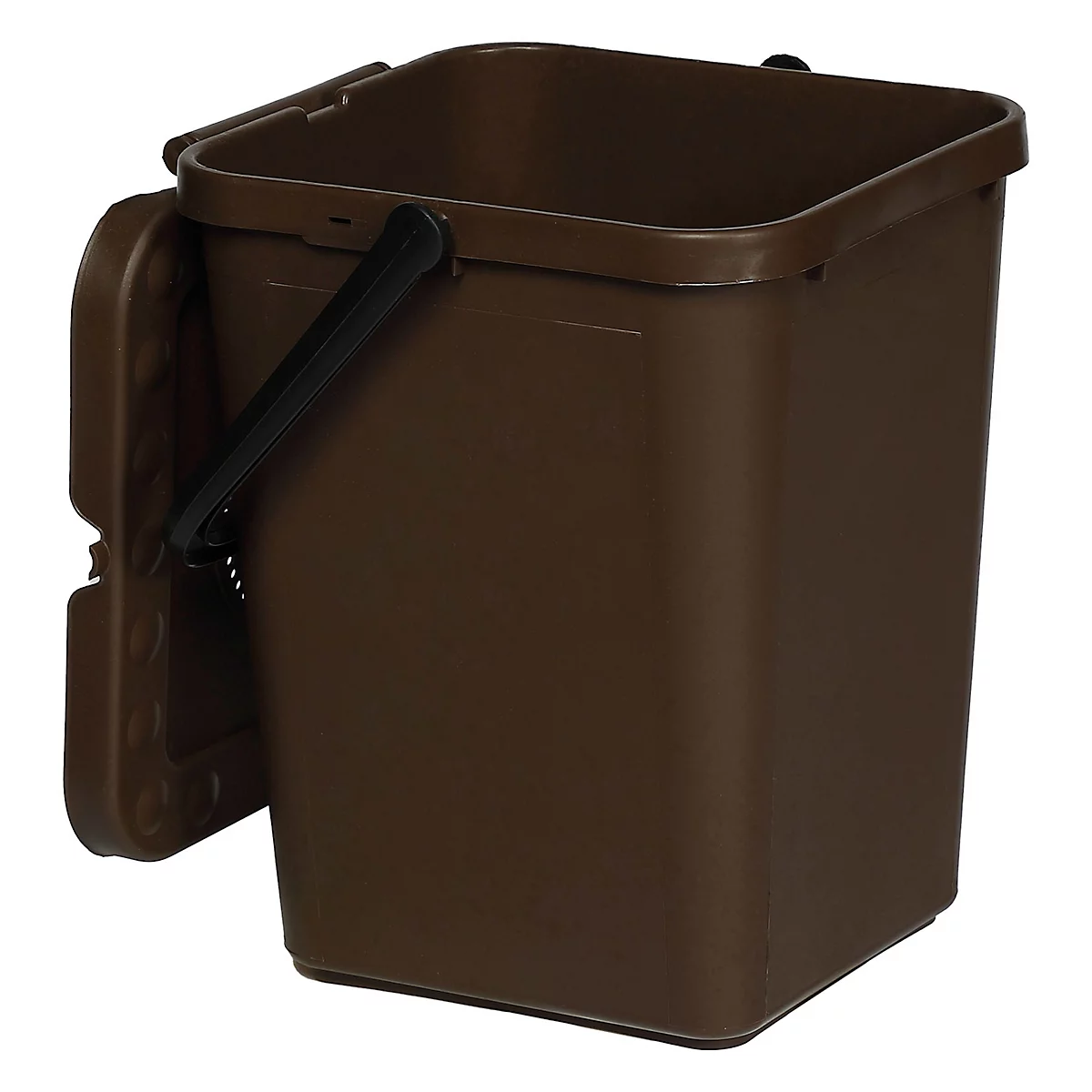 Bruine vierkante compostbak met deksel en zwarte handgreep. De bak staat tegen een witte achtergrond.