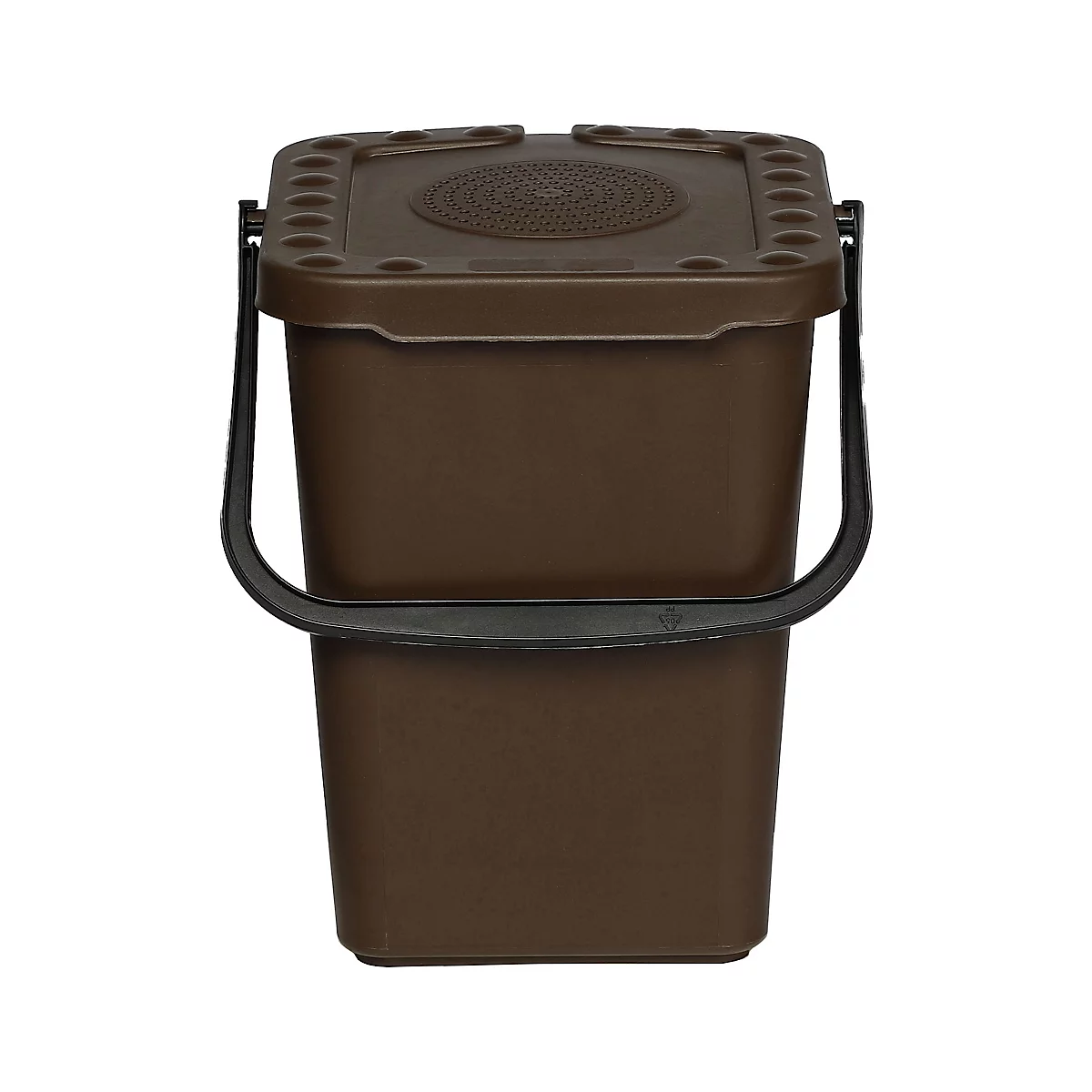 Bruine compostbak met deksel en handvat. Het deksel heeft ventilatiegaten.