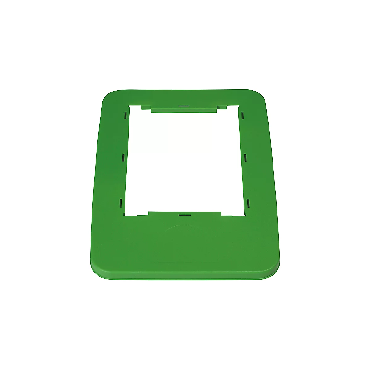 Groen, rechthoekig plastic frame met een vierkant gat in het midden en kleine rechthoekige uitsparingen.