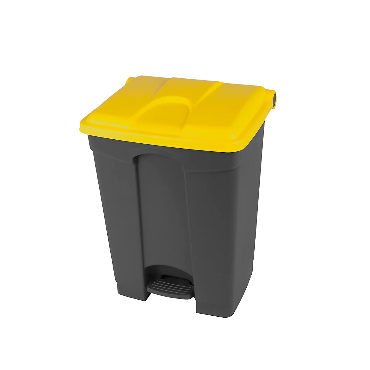 Een zwarte vuilnisbak met een gele deksel. De bak heeft een voetpedaal.