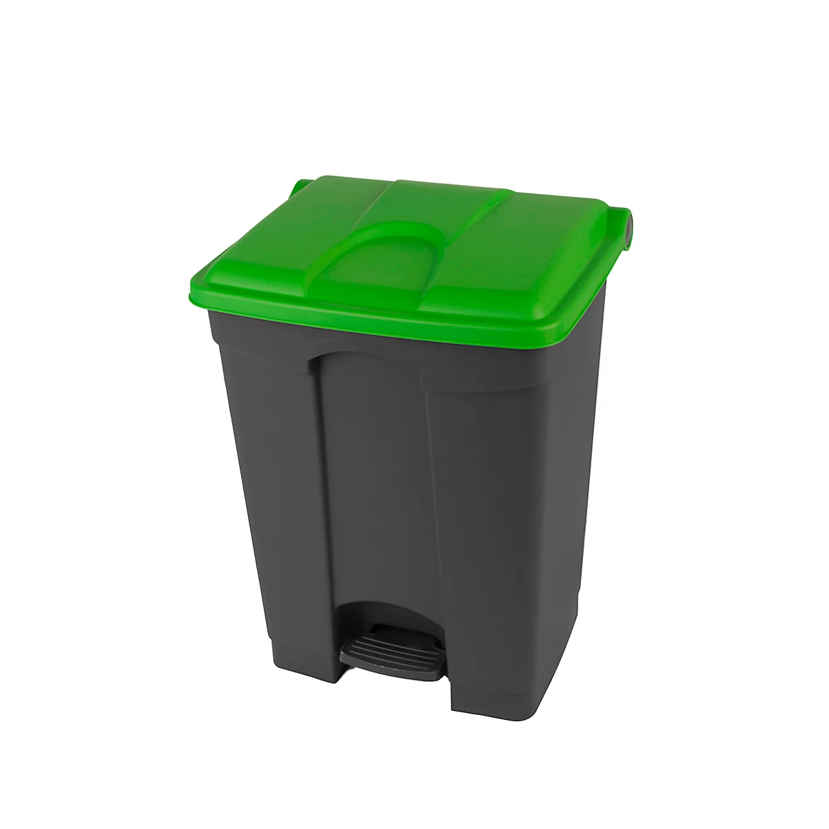 Een zwarte vuilnisbak met een groene deksel, voetpedaal.
