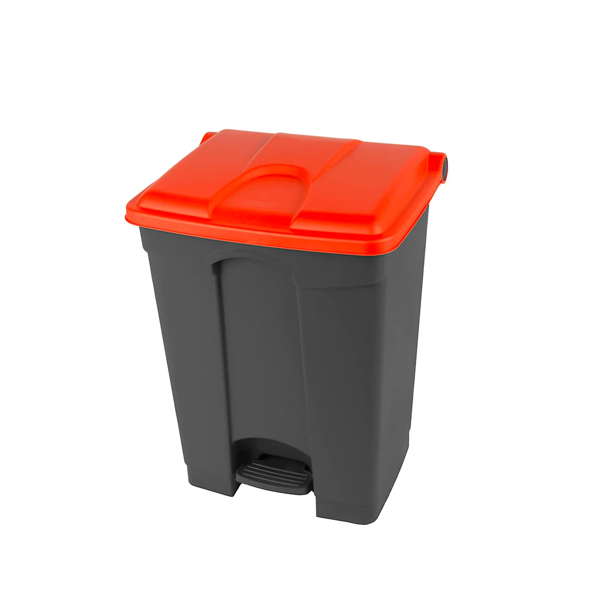 Grijze vuilnisbak met rode deksel en voetpedaal.