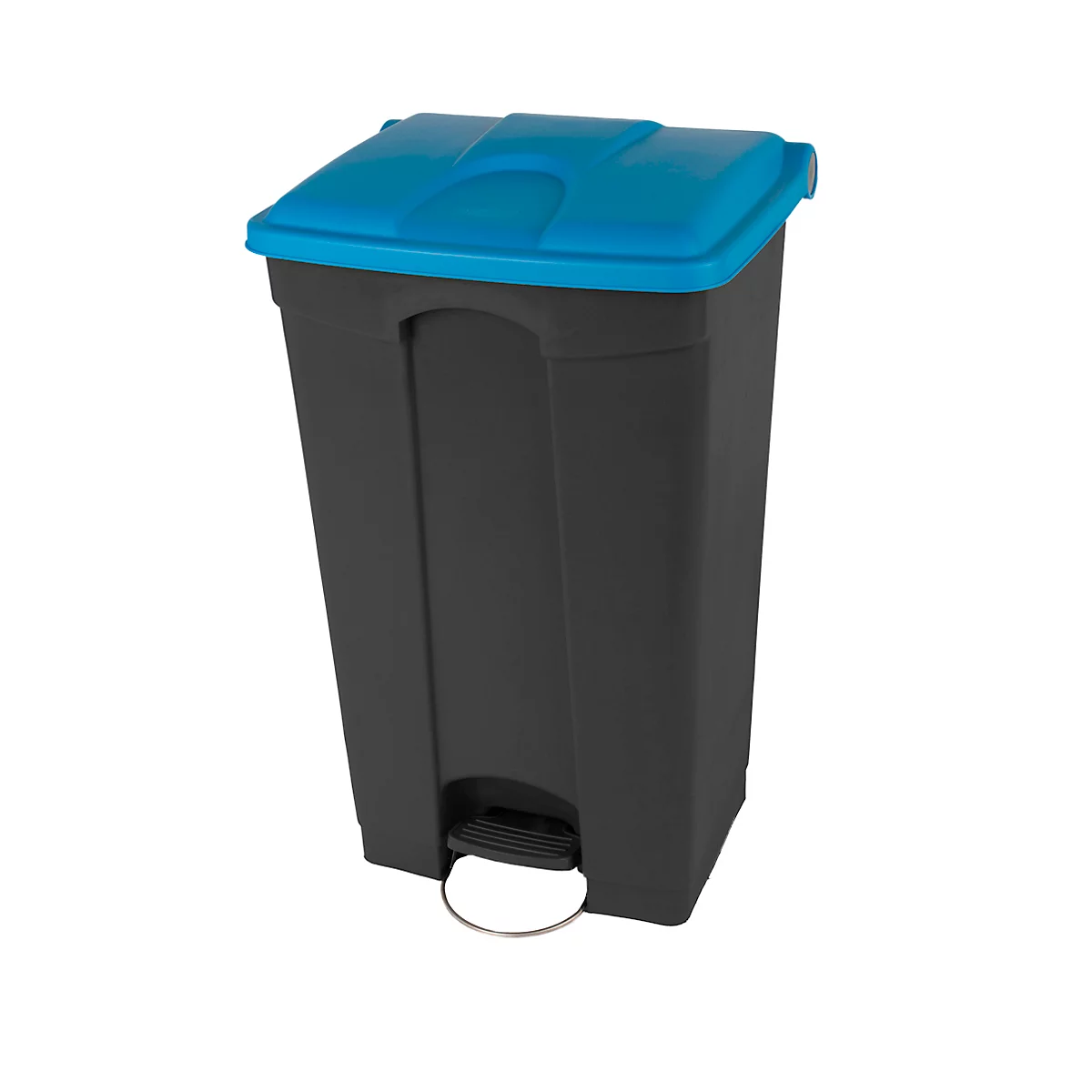 Grijze vuilnisbak met een blauw deksel. Aan de voorkant zit een stap voor het openen.