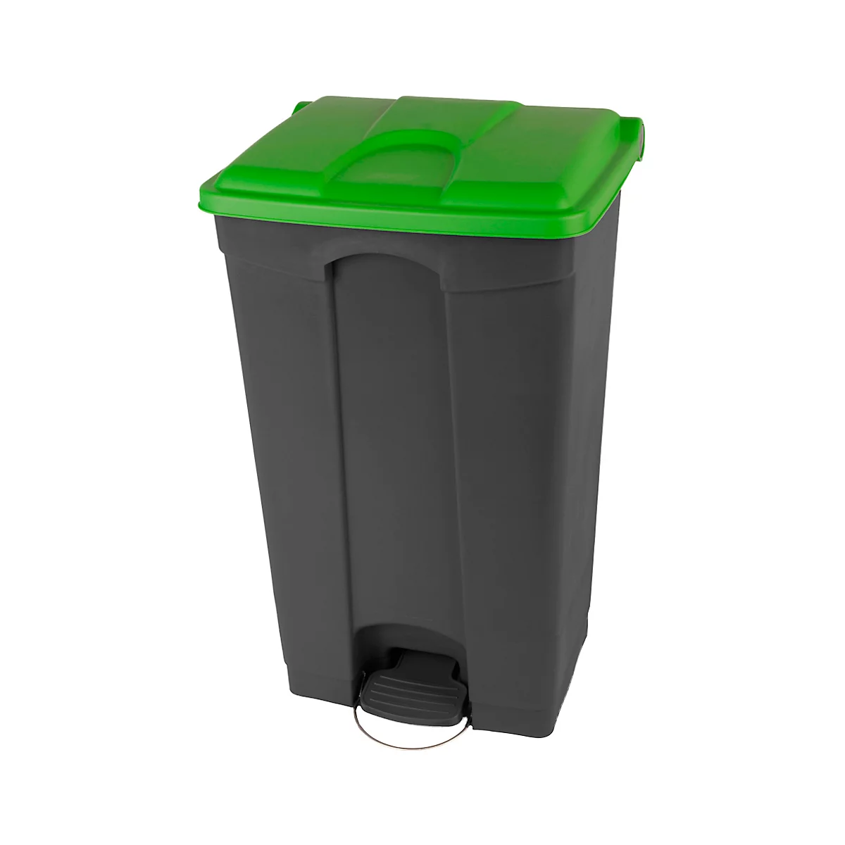 Donkergrijze pedaalemmer met groene deksel, voetpedaal en handvat.