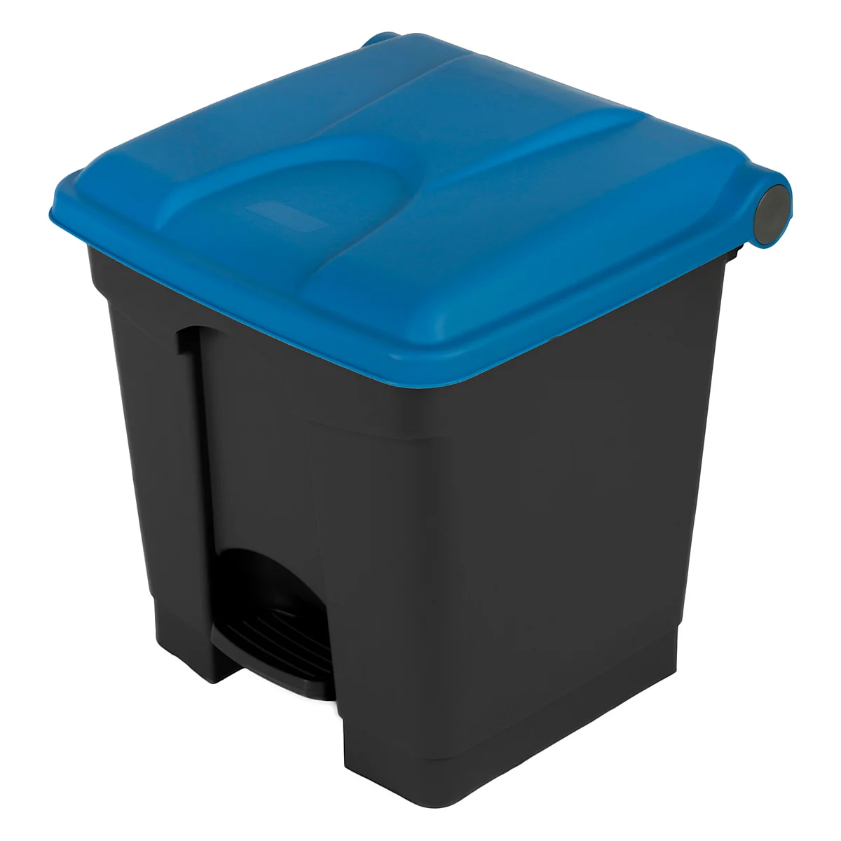Black trash can with blue lid.