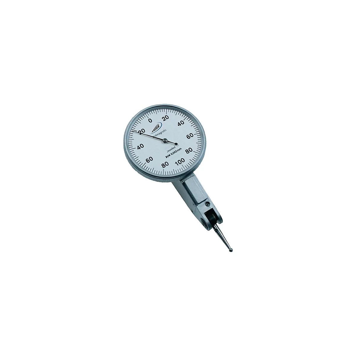 Precision dial gauge, silver case, black pointer, white scale with numbers. The pointer shows almost 30.