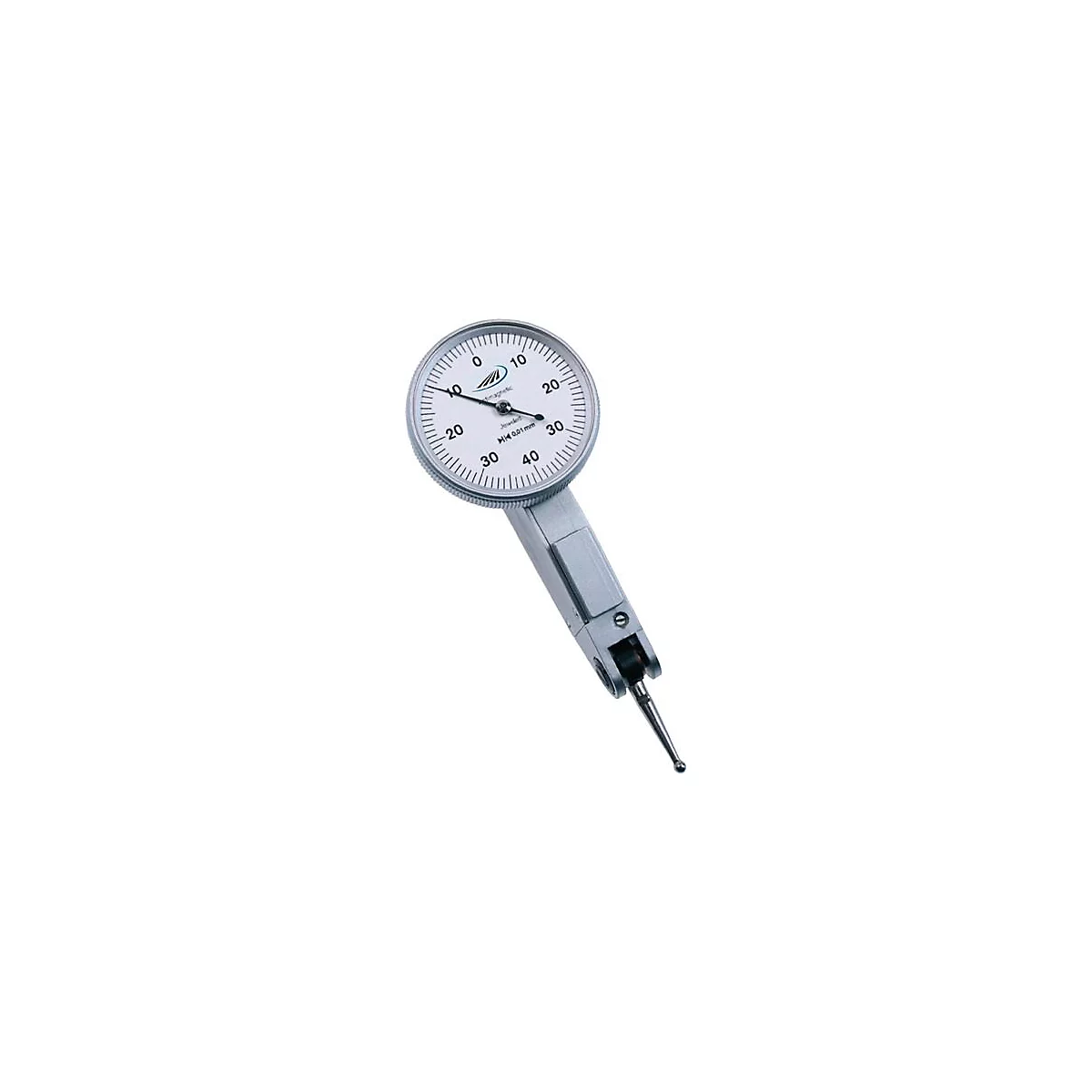 Close-up of a dial gauge. The needle points to 24. The housing says "Non-magnetic", "Jeweller" and "MM 0.01 mm".