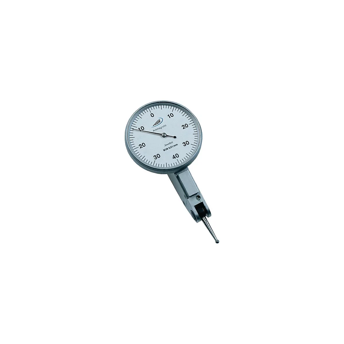 Precision dial gauge with white dial and black numbers. The pointer points to 12. "Jeweled 0.01 mm" is written below.