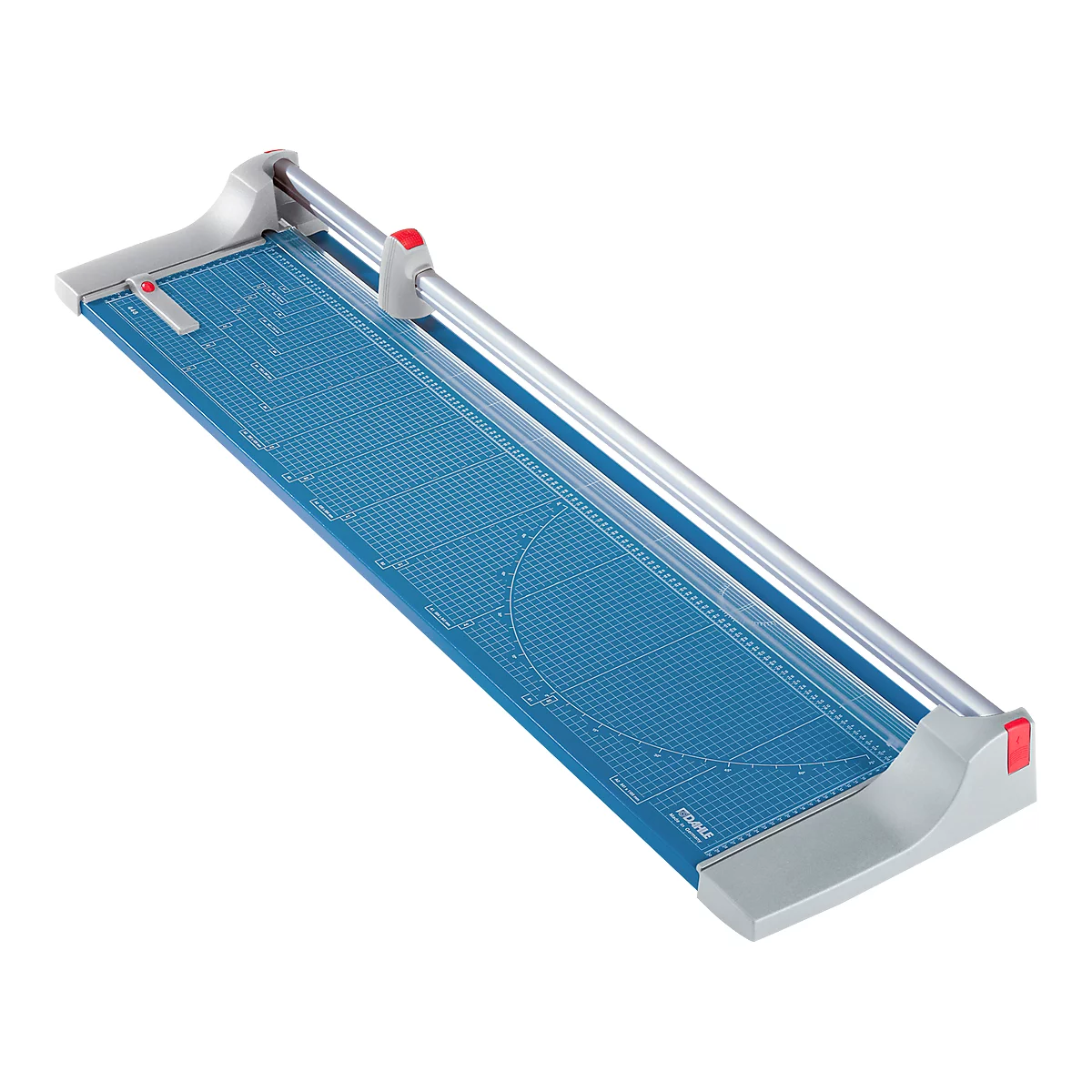 Blue paper cutter running diagonally from lower left to upper right, with silver guide rail and red accents.