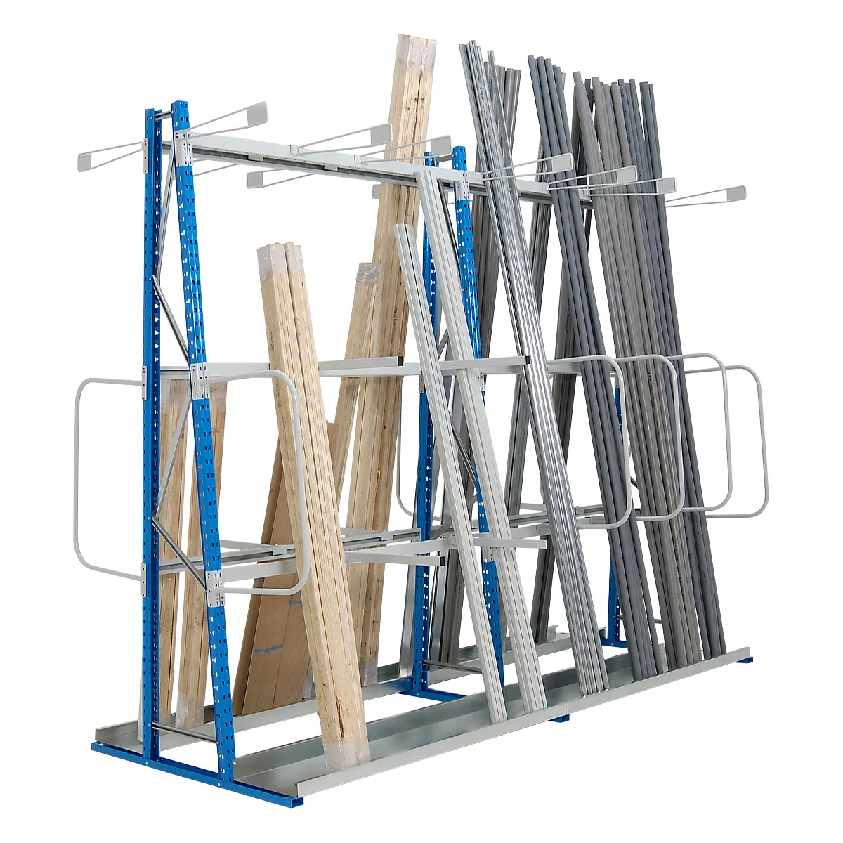 A blue and silver rack filled with wooden and metal poles of different sizes and colors.