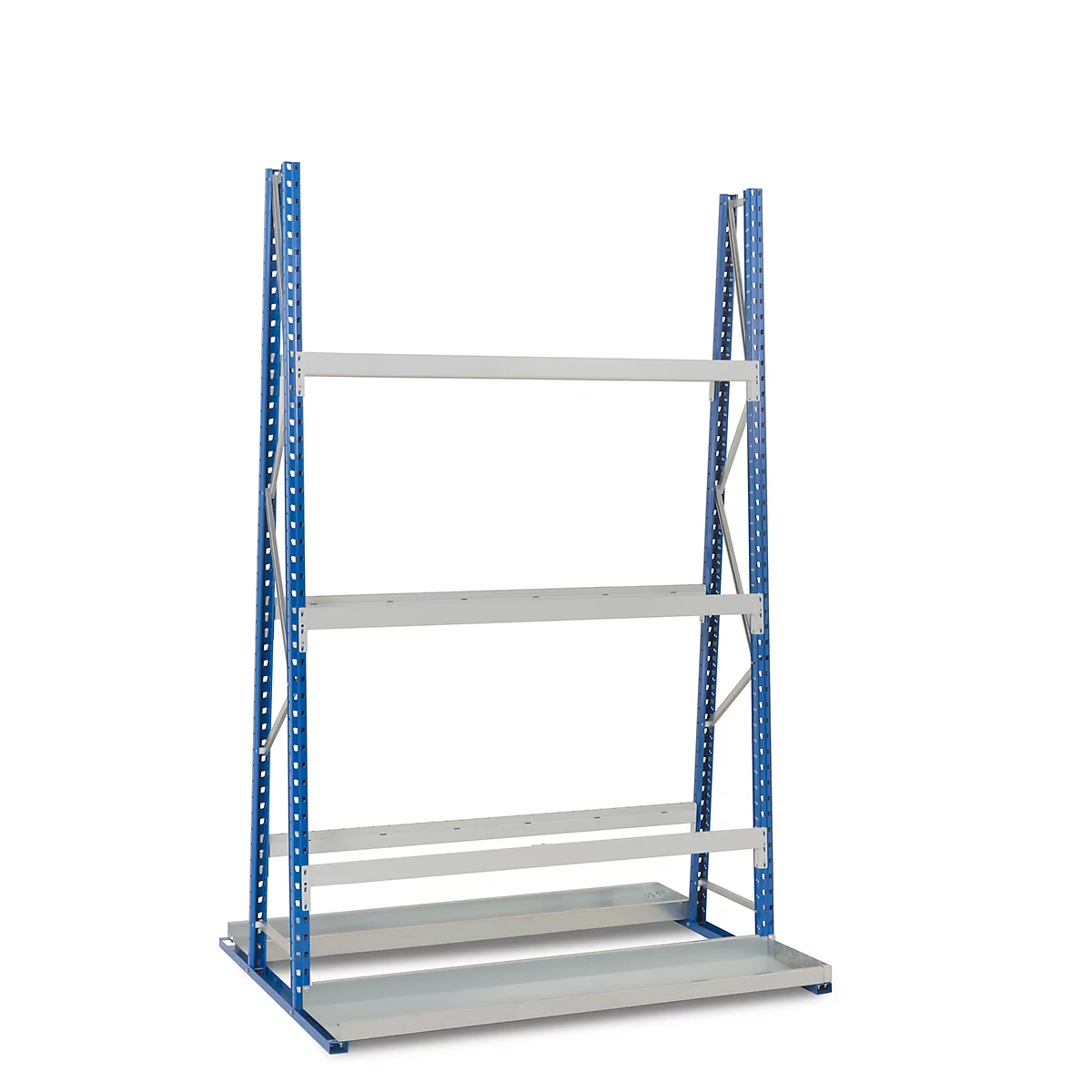 A blue and silver storage rack with several shelves against a white background.