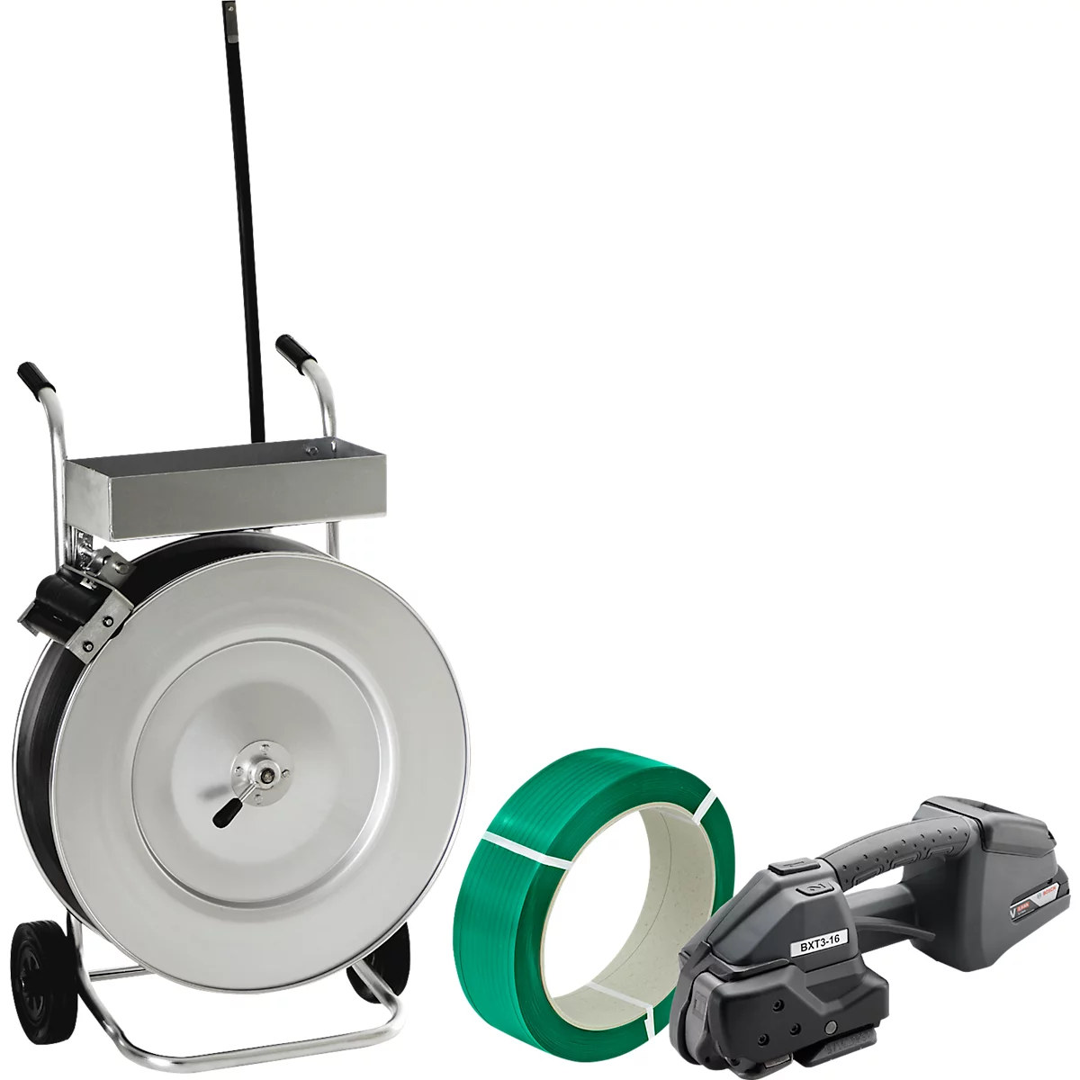 Professionele omsnoeringsset, met volbad verzinkte dispenser, accu omsnoeringsapparaat BXT3-16 &amp; KU polyesterband, L 1700 m x B 16 mm, dikte 0,73 mm, reliëf, groen