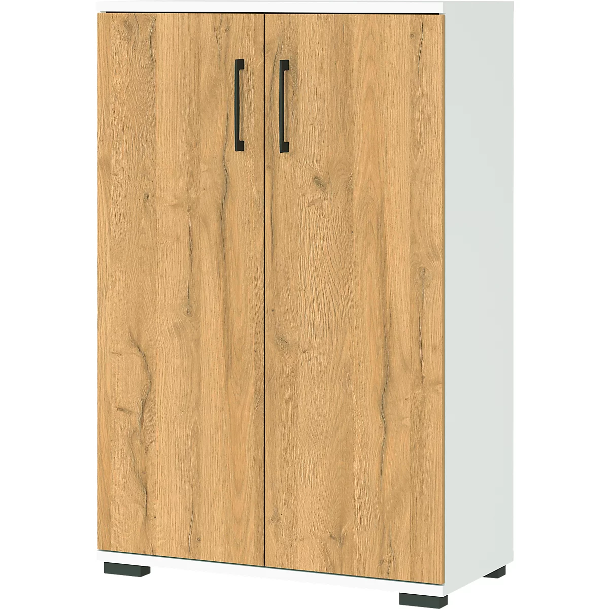 Een kast met twee deuren in houtlook en witte zijkanten, zwarte handgrepen. Hij staat op zwarte poten.