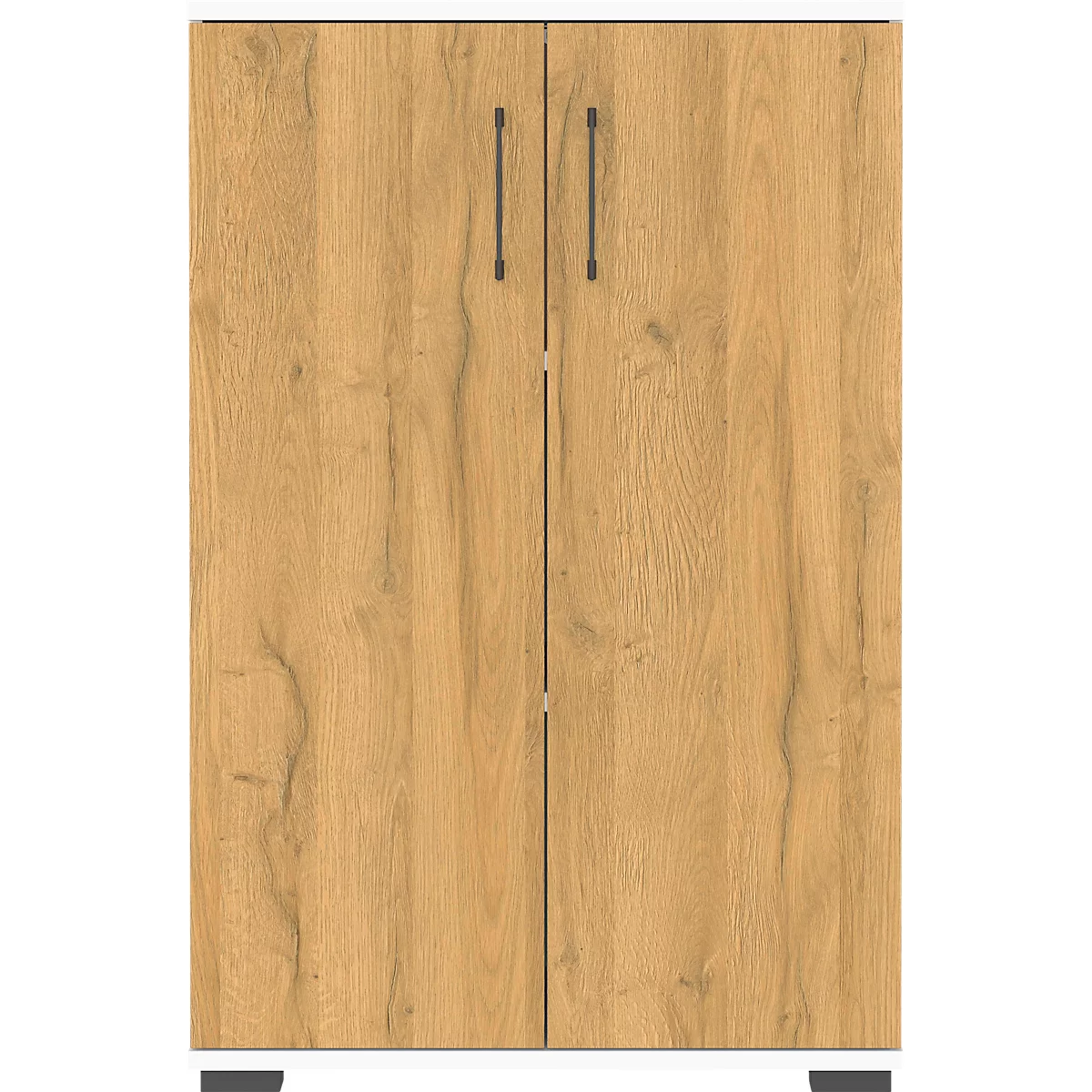 Kast met houtlook. Twee deuren met zwarte handgrepen, lichtbruin hout, grijze poten.