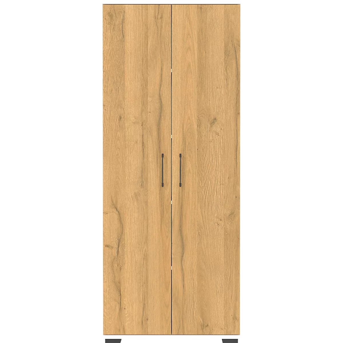 Houten kast met twee deuren en metalen handgrepen. De voorzijde wordt getoond.