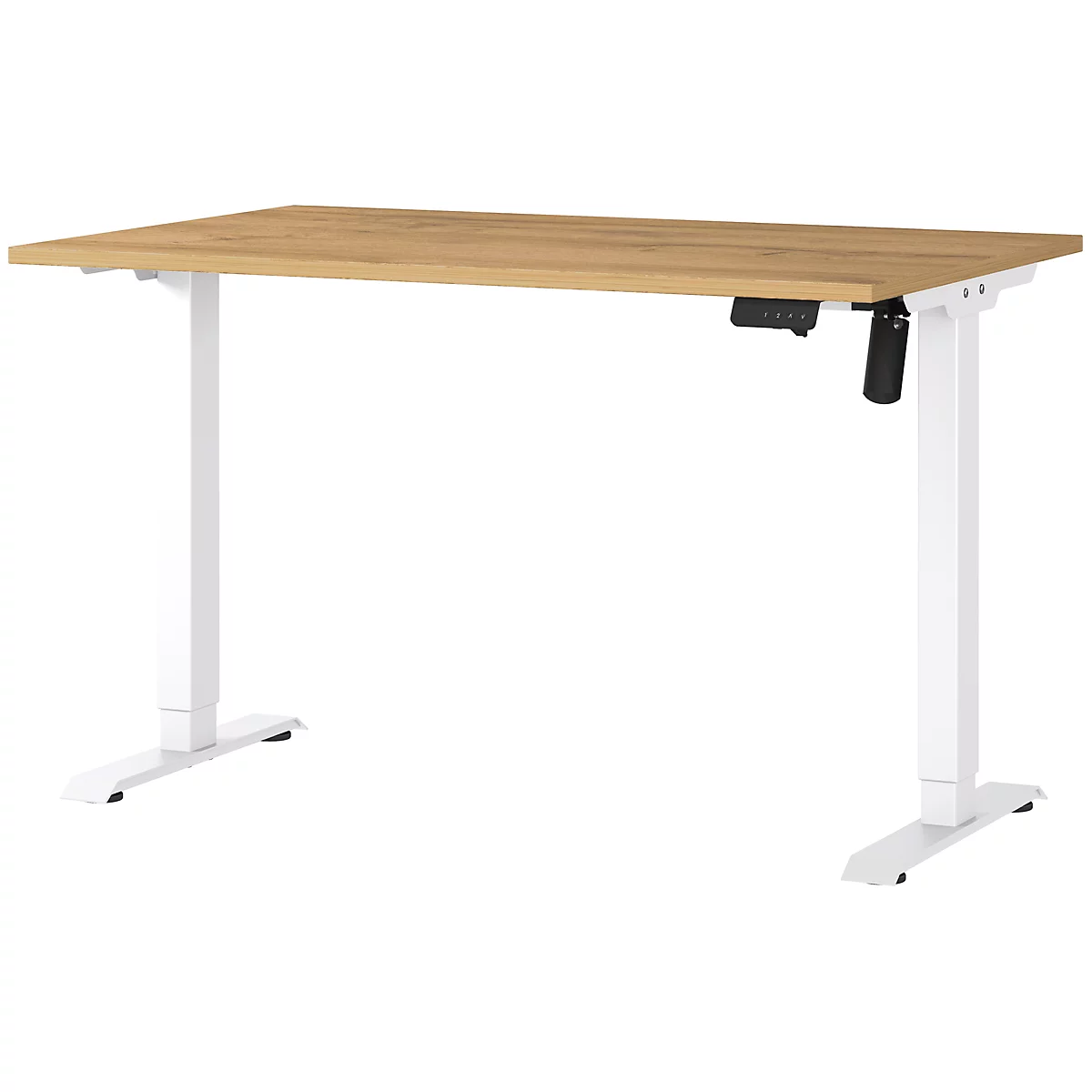 Lichte bureau met houten blad en wit frame. Een bedieningspaneel en een zwarte hendel zijn zichtbaar.