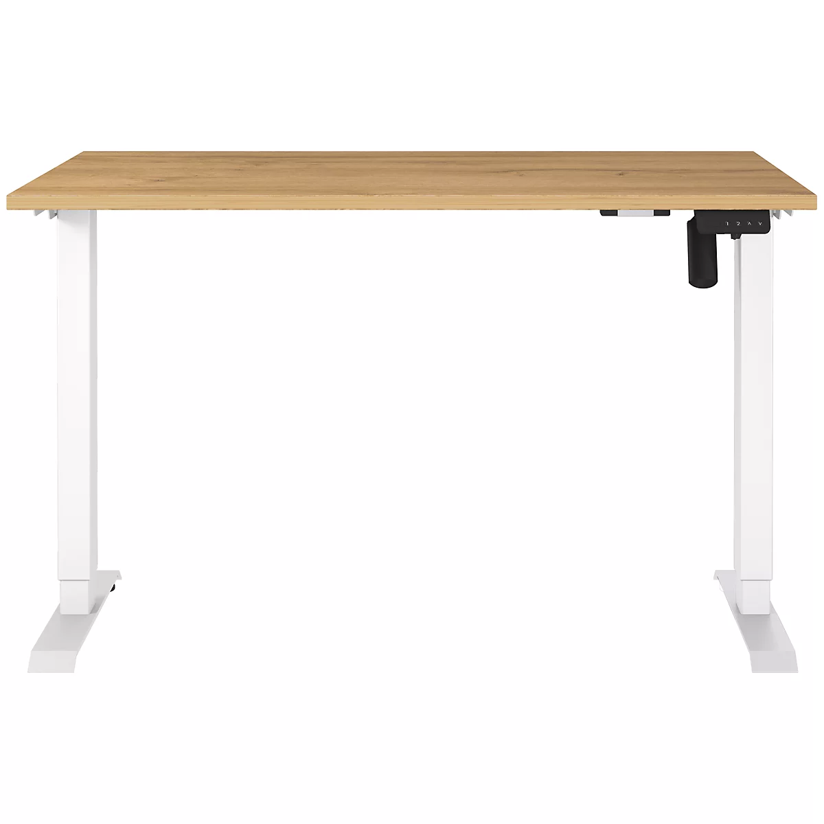 In hoogte verstelbaar bureau, licht hout, wit frame.