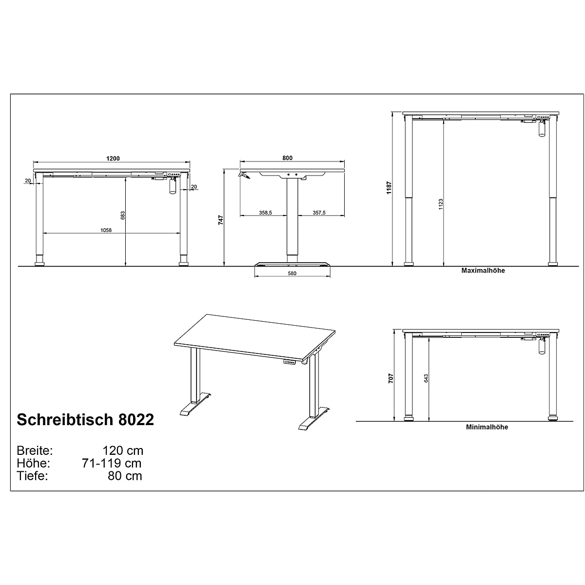 Technische tekening van een bureau 8022 met afmetingen in zwart-wit. Verschillende aanzichten en afmetingen zijn weergegeven.