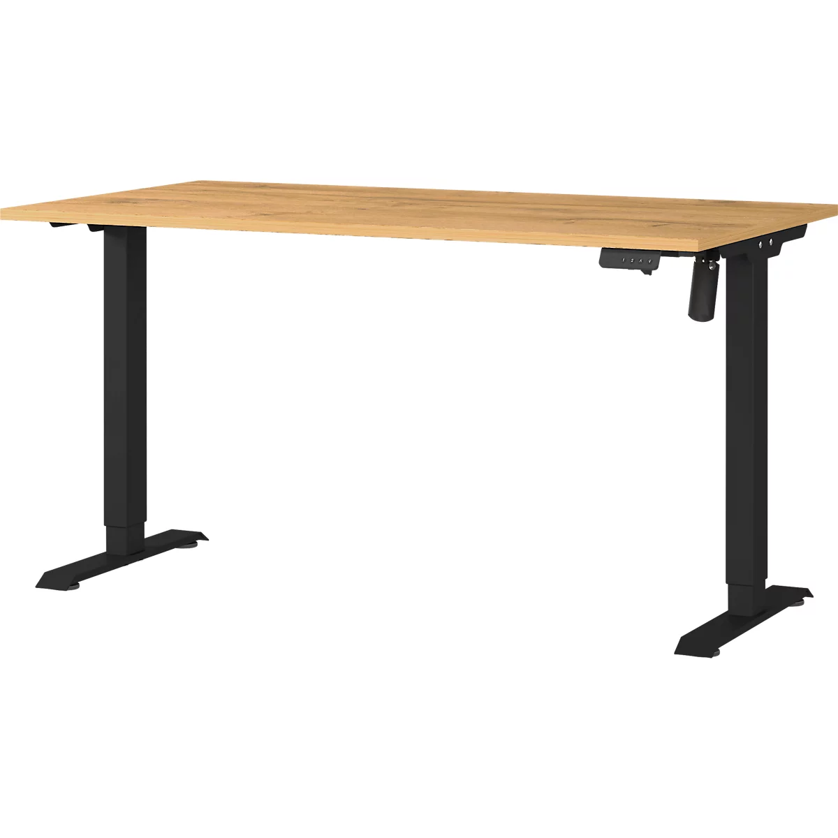 In hoogte verstelbaar bureau met licht houten blad en zwart frame.