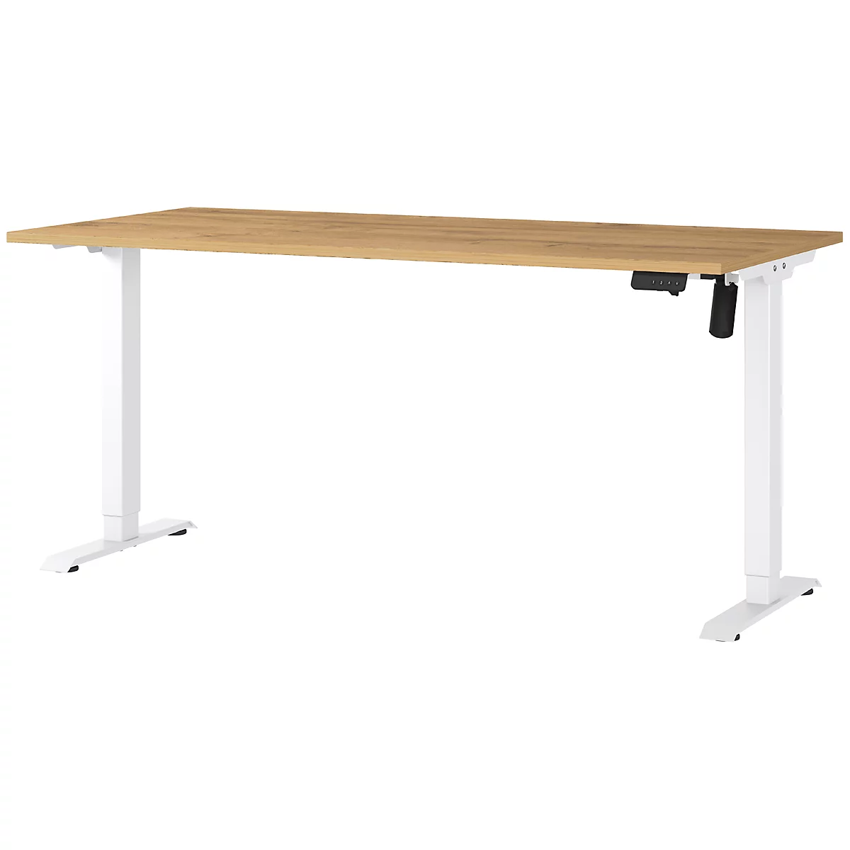Een in hoogte verstelbaar bureau met een lichtbruin tafelblad en witte poten. Aan één kant zit een zwarte bedieningsknop.