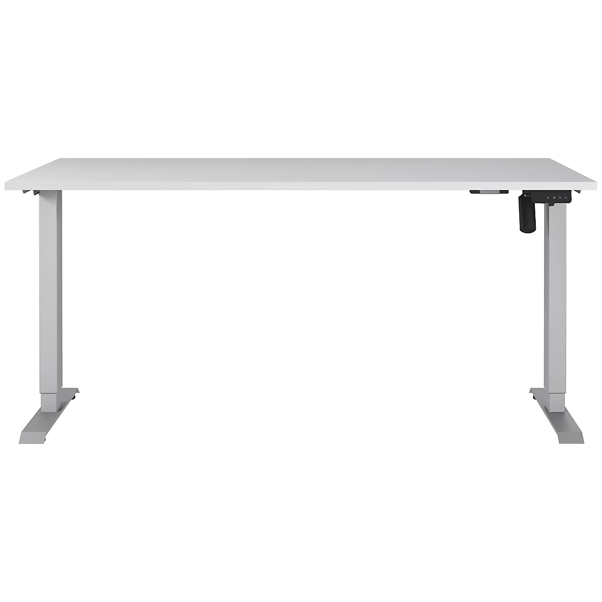 Een witte, in hoogte verstelbare bureau. Het heeft een rechthoekig tafelblad en grijze poten.