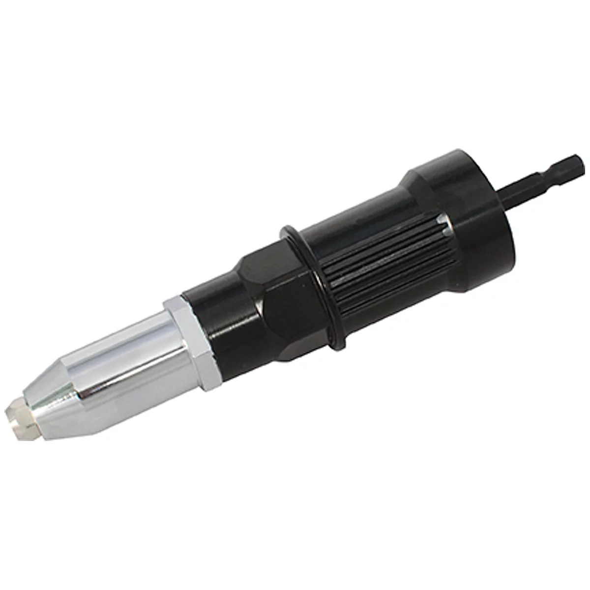 Close-up of a metallic rivet tool. Black body, silver tip, hexagonal head.