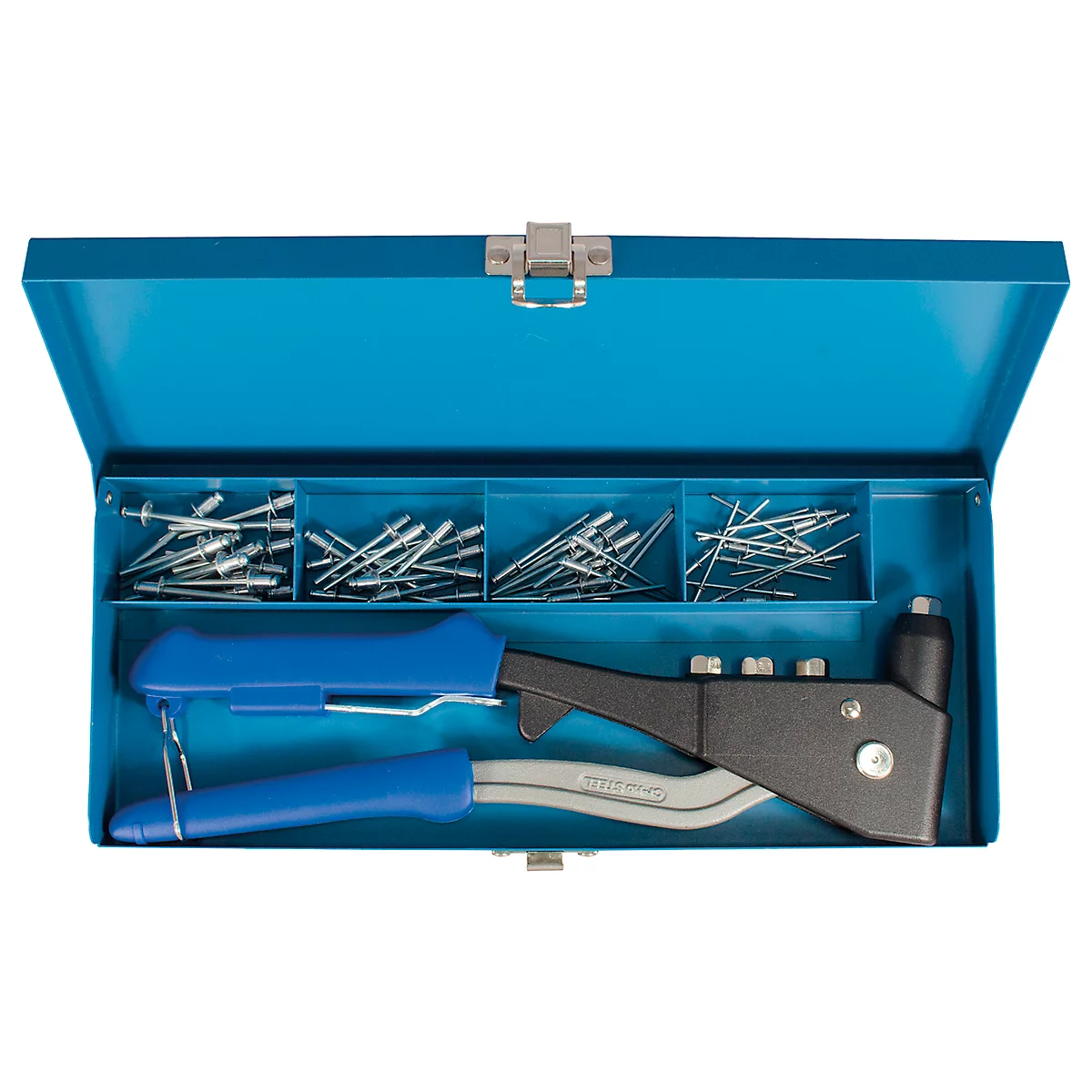 Blue metal toolbox with rivets and rivet pliers.