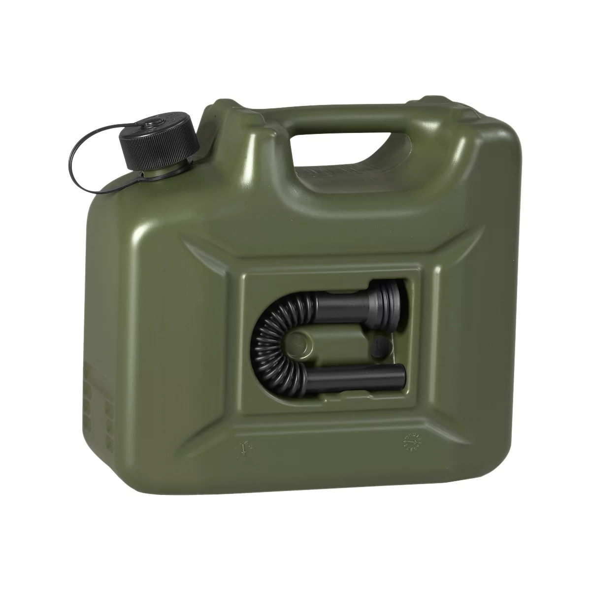Green canister, with black cap and flexible spout.