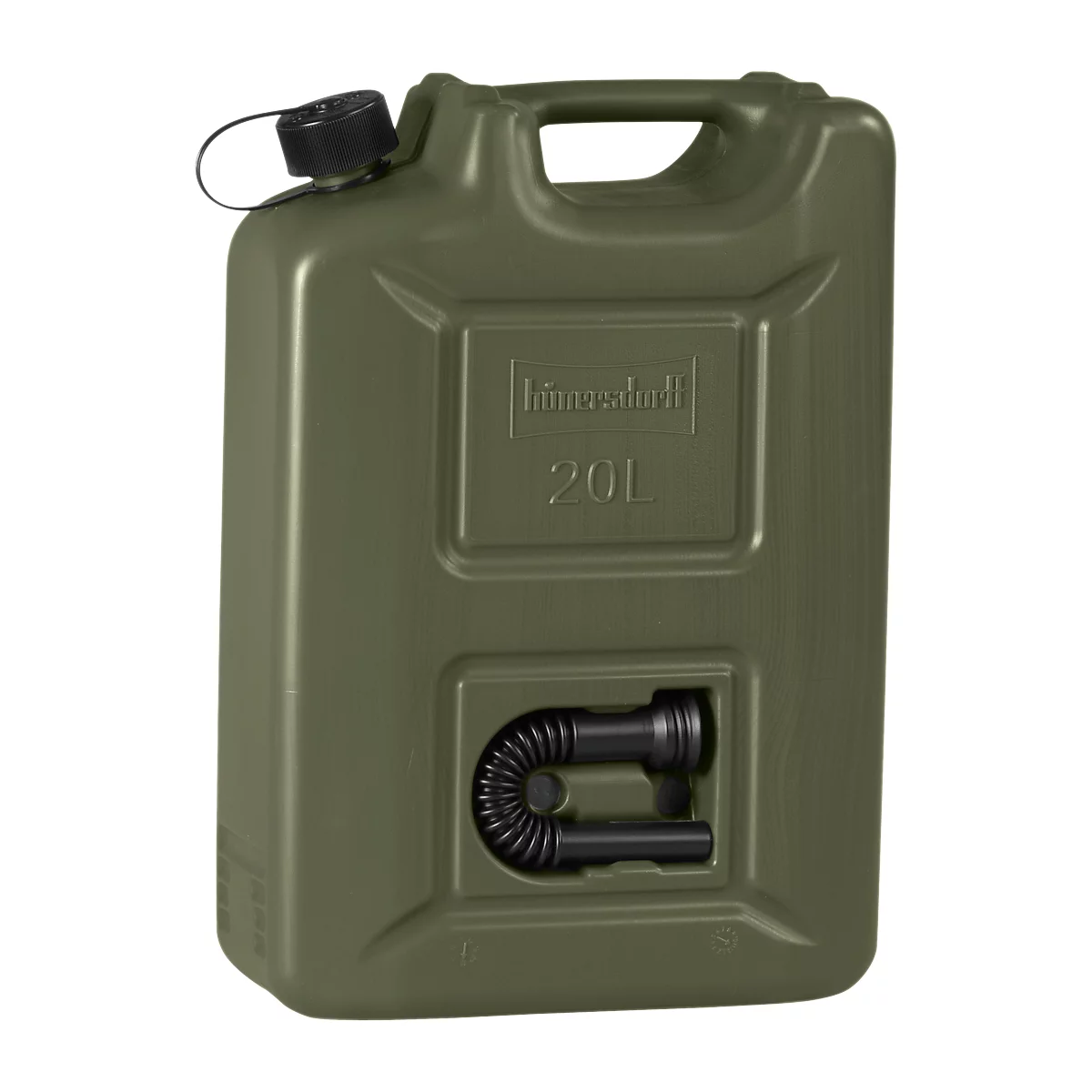 Green canister with black lid and spout. Inscription: 20L.