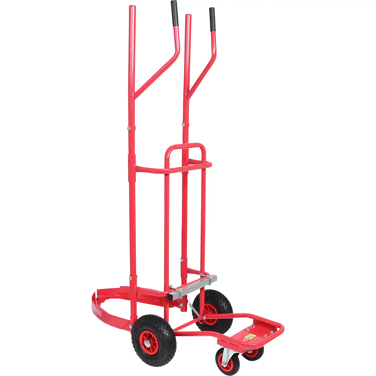 Roter Transportwagen mit zwei großen und zwei kleinen Rädern.