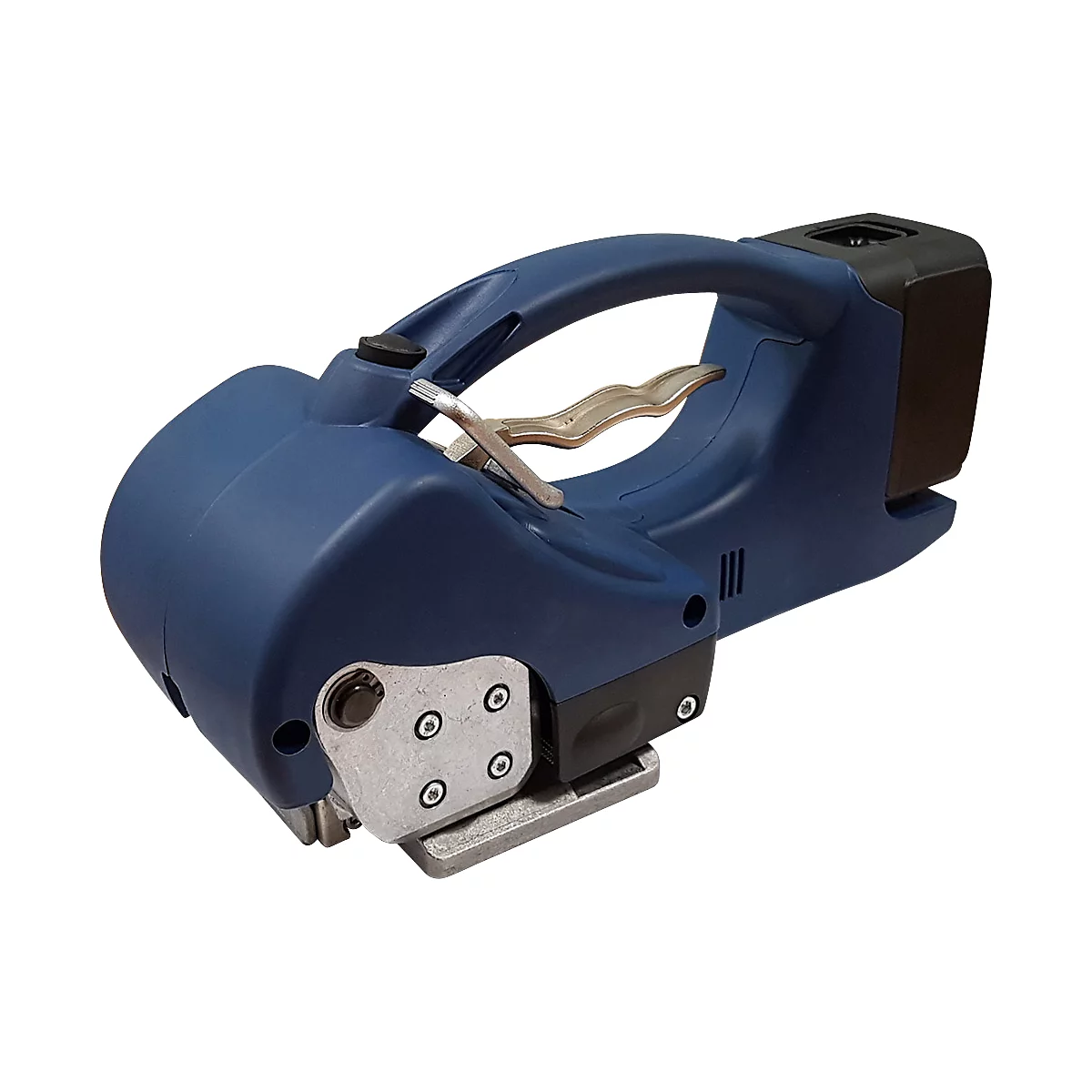 Profi-Umreifungsset, mit Abrollwagen lackiert, Akku-Umreifungsgerät BW-ECO-Plus & KU Polyesterband, L 2000 m x B 15,5 mm, Stärke 0,65 mm, geprägt, grün