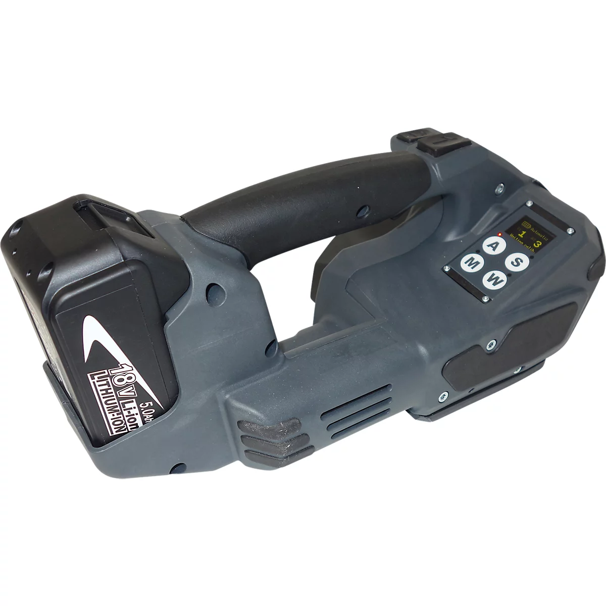Profi-Umreifungsset, mit Abrollwagen Premium X, Akku-Umreifungsgerät BW-04 & KU Polyesterband, L 1200 m x B 18,5 mm, Stärke 0,85 mm, geprägt, grün