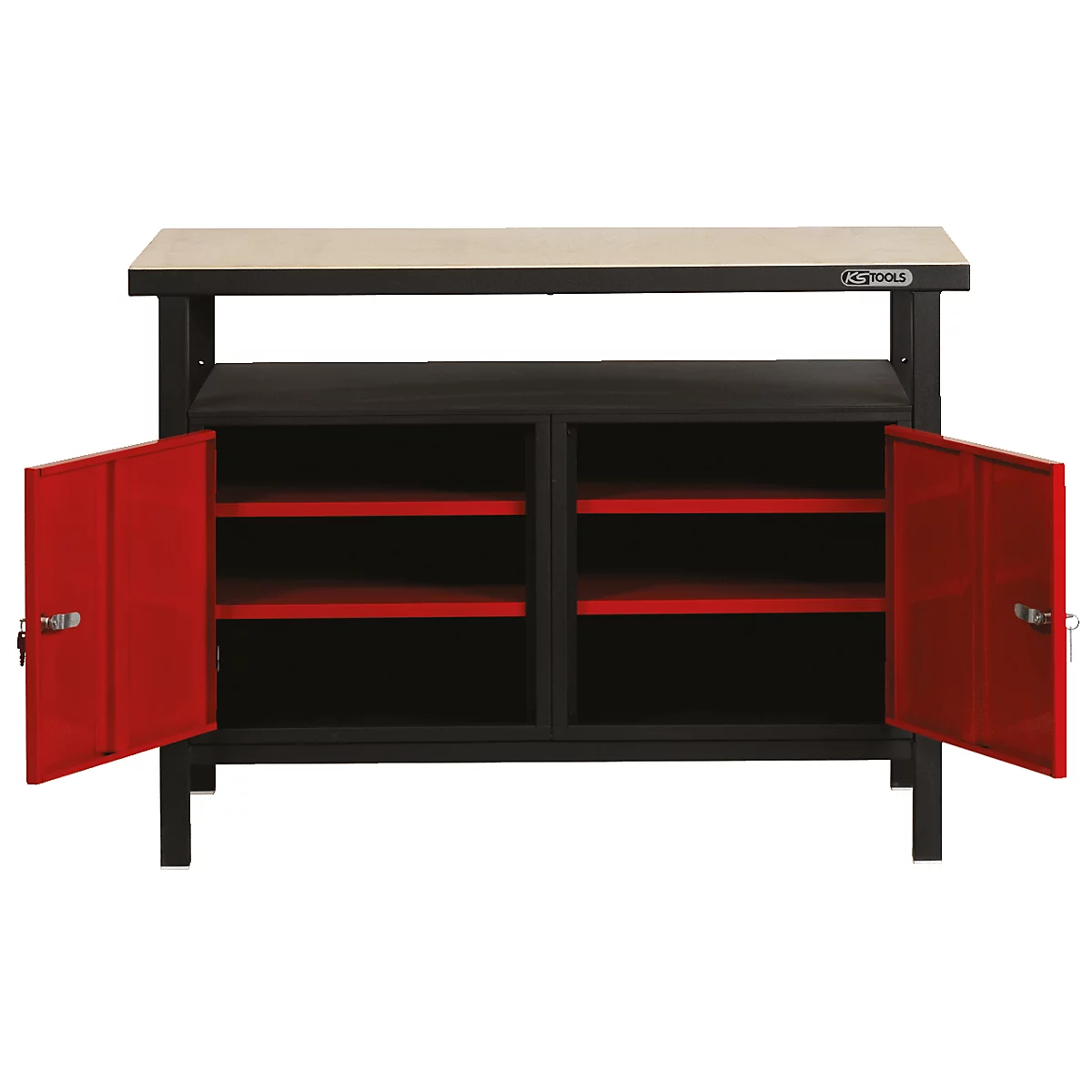 Werkbank mit geöffneten roten Türen. Innenregale, helle Arbeitsplatte, schwarzes Gestell.