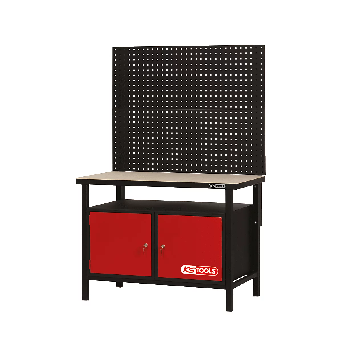 Werkbank mit schwarzer Lochwand und roten Schränken. Auf der Arbeitsplatte ist der Schriftzug KS TOOLS zu sehen.