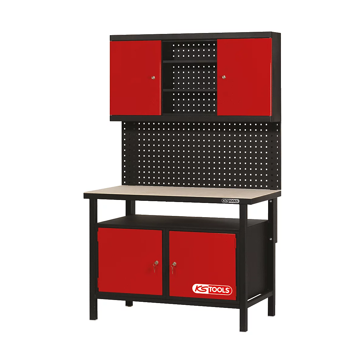 Werkbank mit roter Tür, schwarzem Rahmen und Lochwand. Oben befindet sich ein Schrank mit roten Türen. Logo: KS TOOLS.