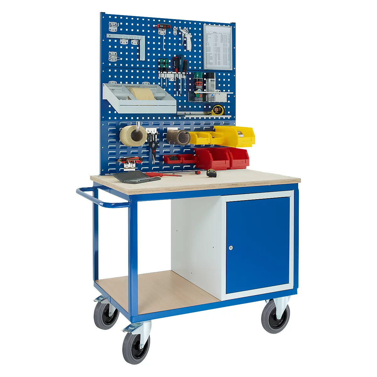 Blue workshop cart with tools. It has a pegboard, a work surface, a cabinet, and tools.
