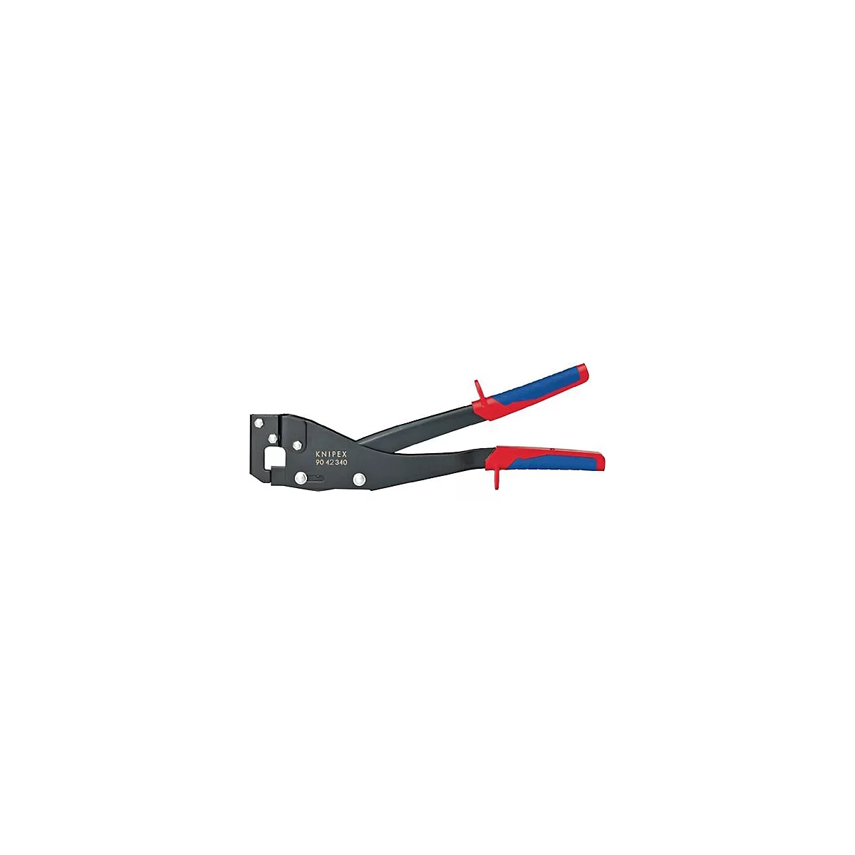 Schwarze Knipex-Crimpzange mit roten und blauen Griffen. Aufschrift: Knipex 90 42 340.