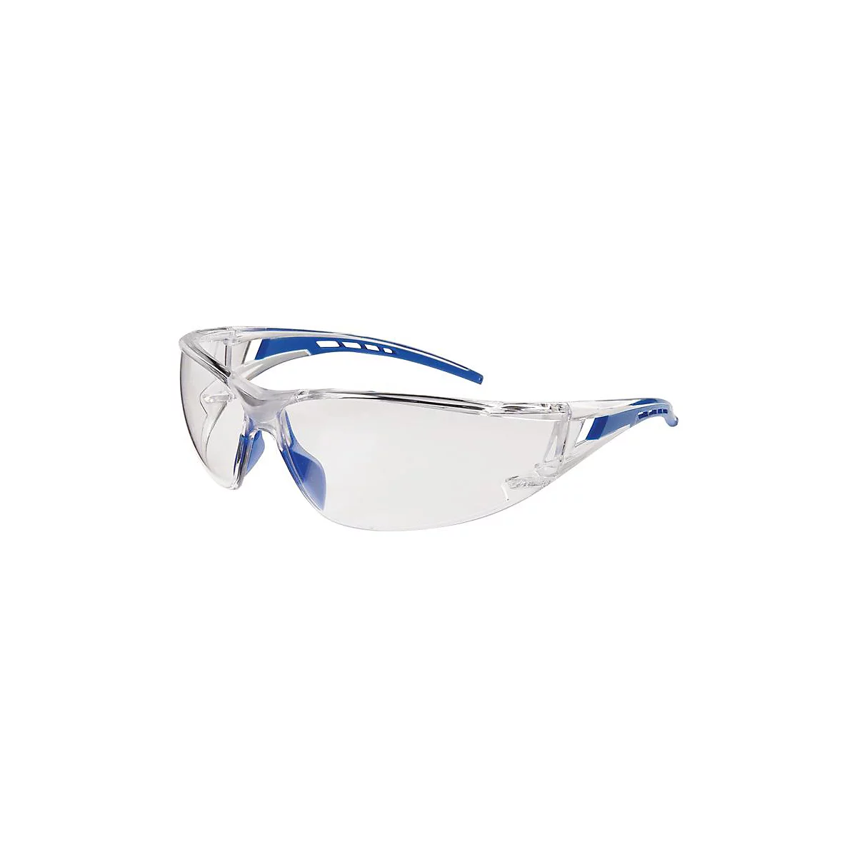 Lunettes de sécurité transparentes avec branches et détails bleus, en gros plan. Sur fond clair.